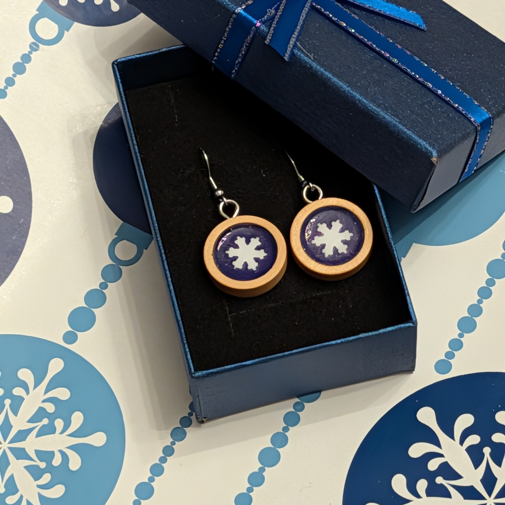 Handmade Snowflake Earrings - Purple - Wooden Hand Painted - Read Description